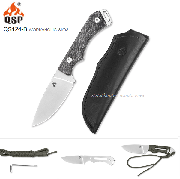 QSP Workaholic Fixed Blade Knife, N690, Linen Micarta, Leather Sheath, QS124-B